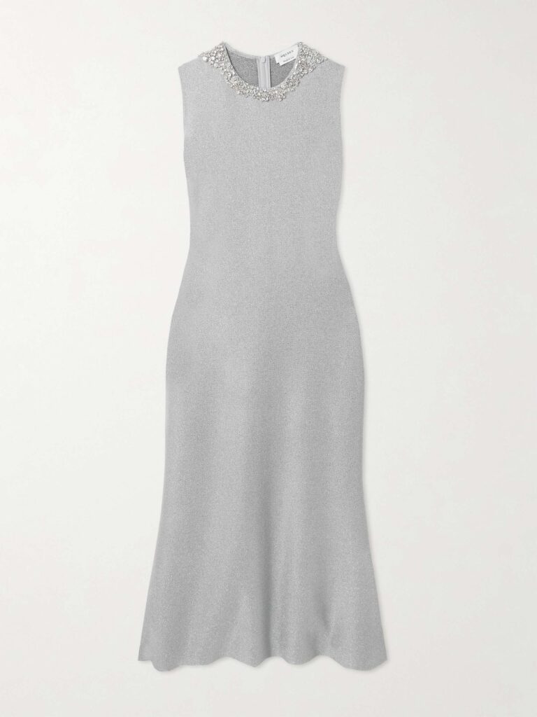 Embellished metallic stretch-knit midi dress