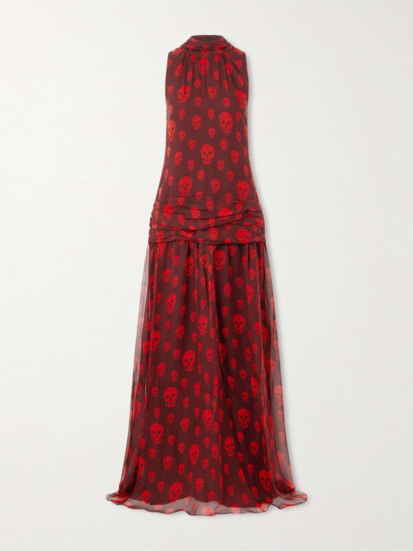 Draped pleated printed silk-chiffon halterneck maxi dress