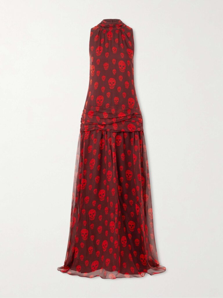 Draped pleated printed silk-chiffon halterneck maxi dress