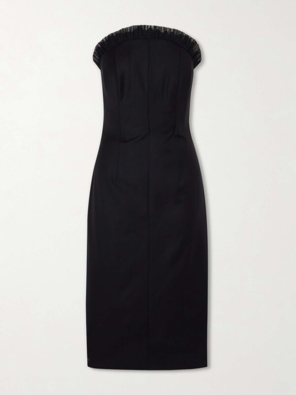 Strapless ruffled tulle-trimmed wool dress