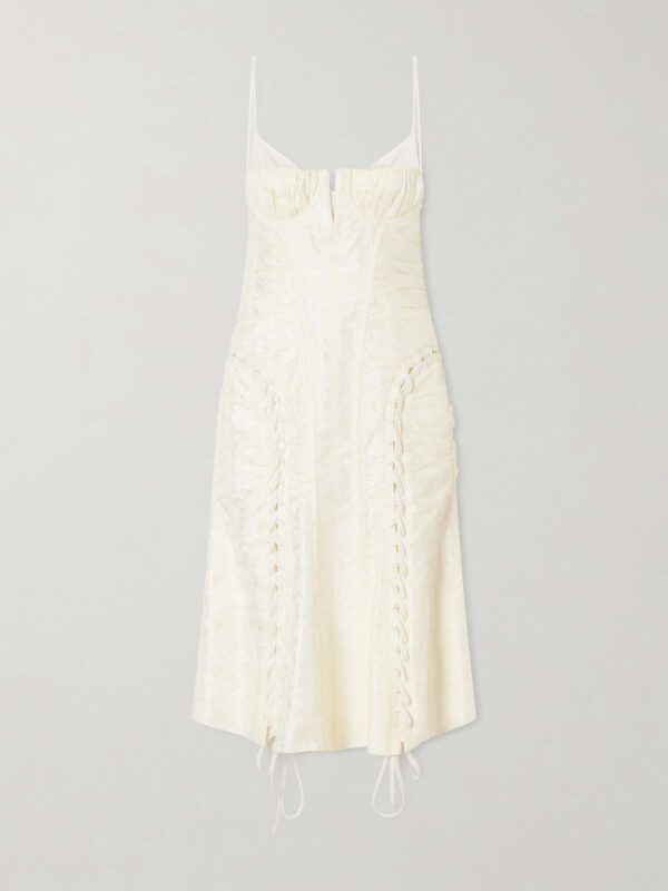 Pleated paneled satin brocade midi dress