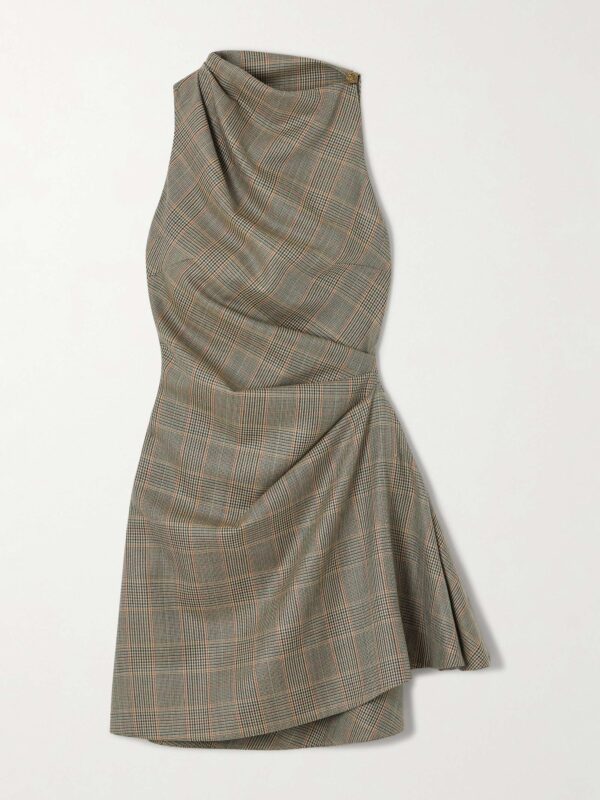 Draped checked wool mini dress