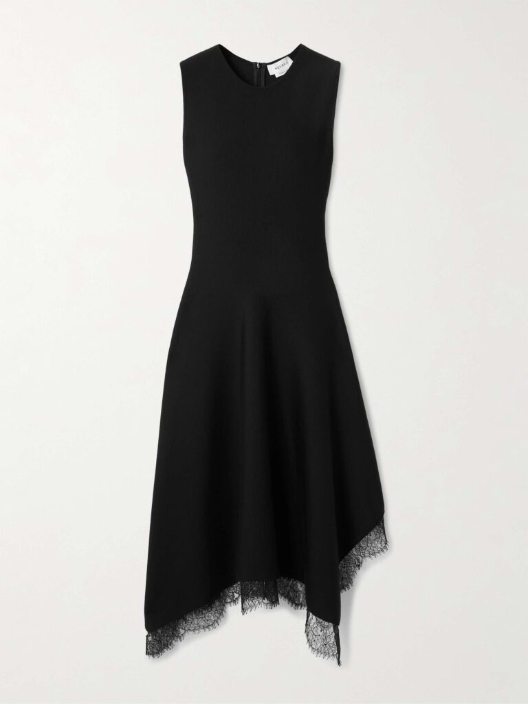 Asymmetric lace-trimmed woven midi dress