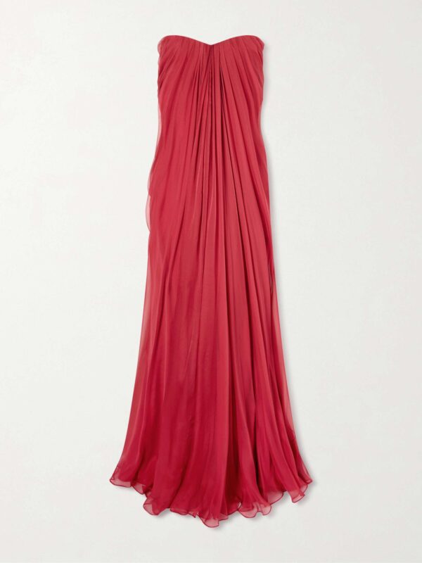 Strapless draped silk-chiffon bustier gown