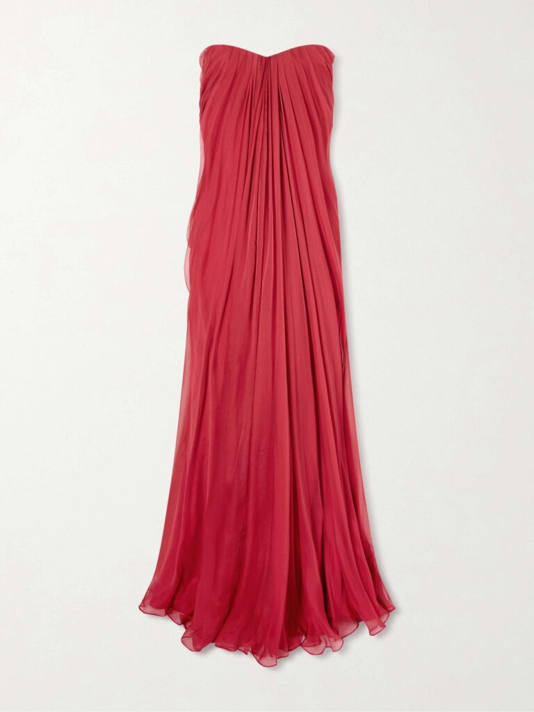 Strapless draped silk-chiffon bustier gown