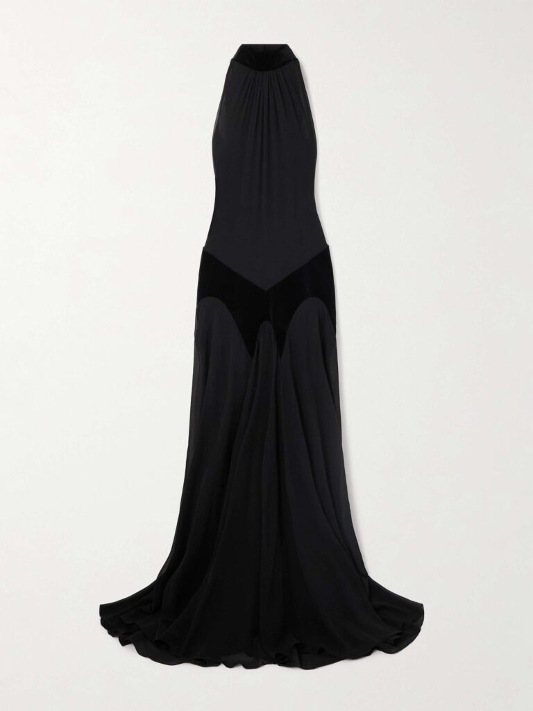 Cotton velvet-trimmed gathered silk-georgette turtleneck gown