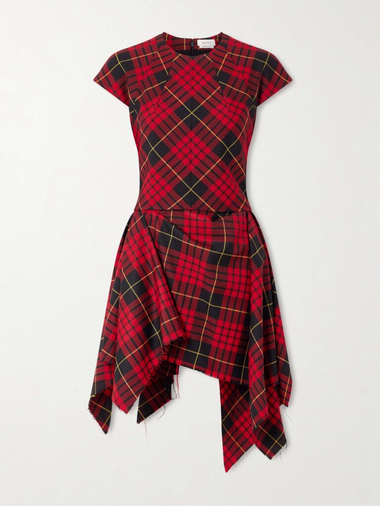 Asymmetric layered pleated checked woven mini dress