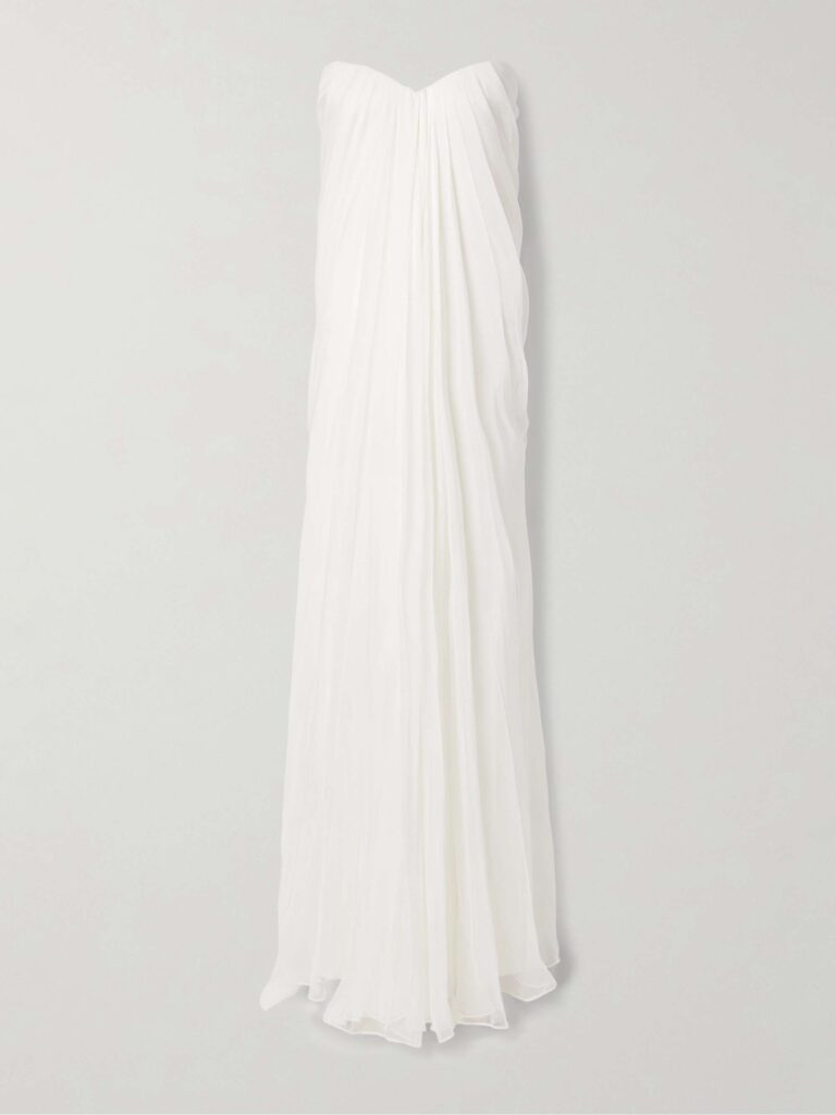 Strapless draped silk-chiffon bustier gown
