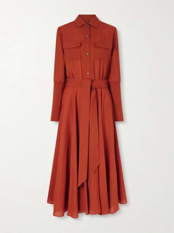 Verlaine belted pleated wool midi shirt dress
