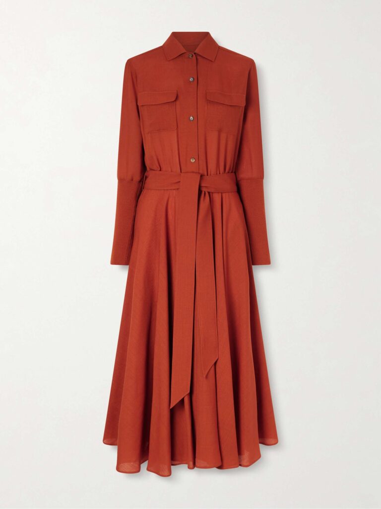 Verlaine belted pleated wool midi shirt dress