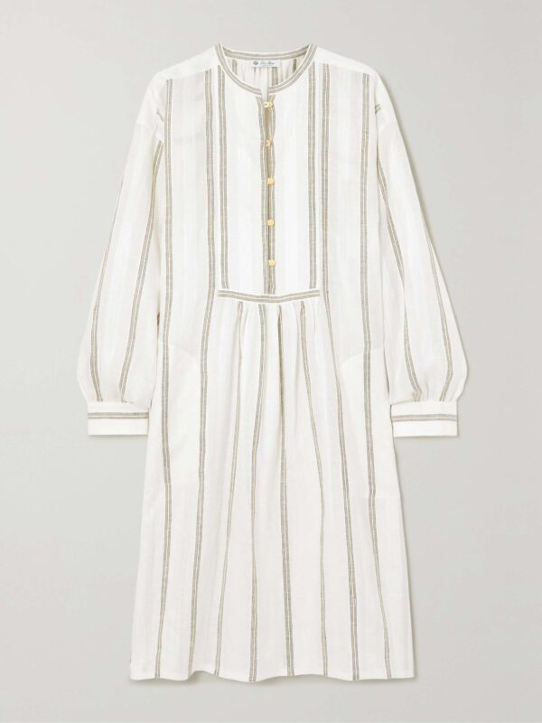 Pleated striped linen midi dress
