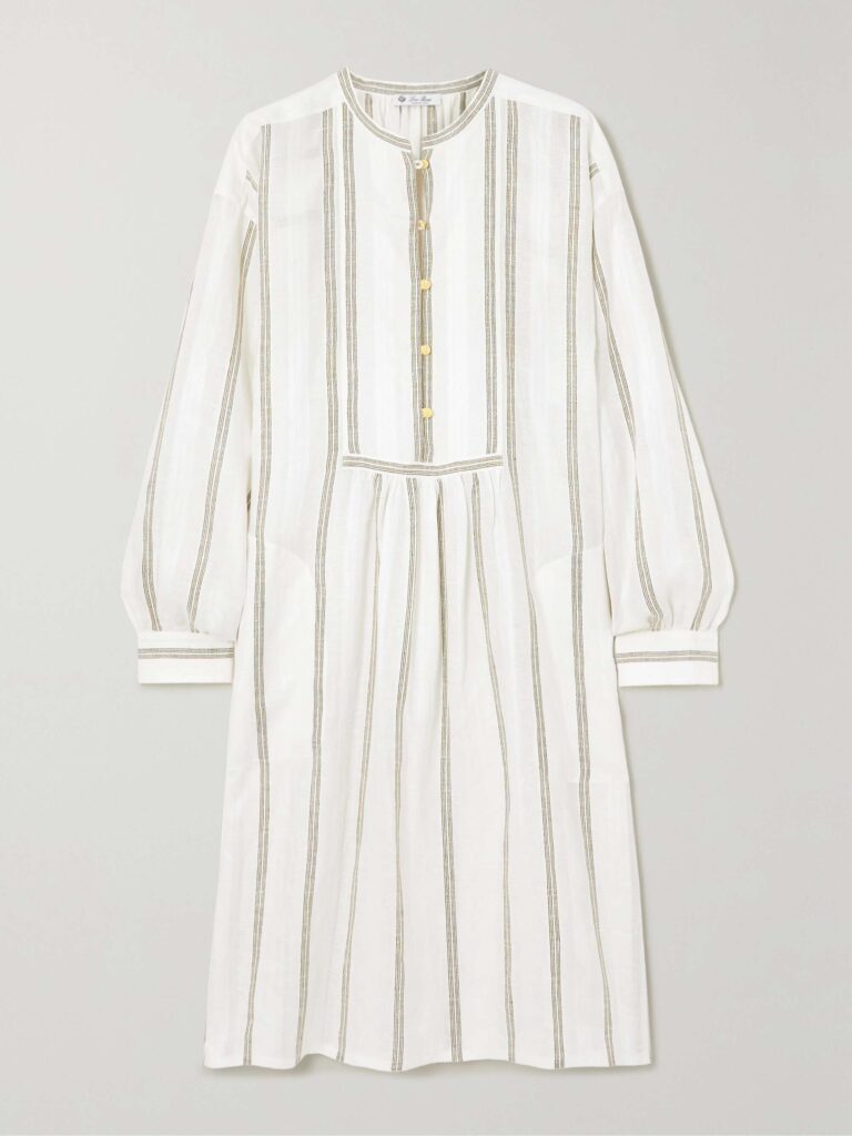 Pleated striped linen midi dress
