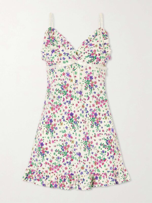 Floral-print lace-trimmed silk-crepe mini dress
