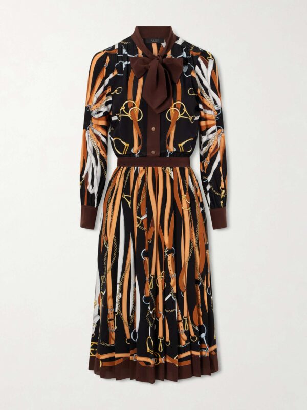 Tie-detailed pleated printed silk midi dress