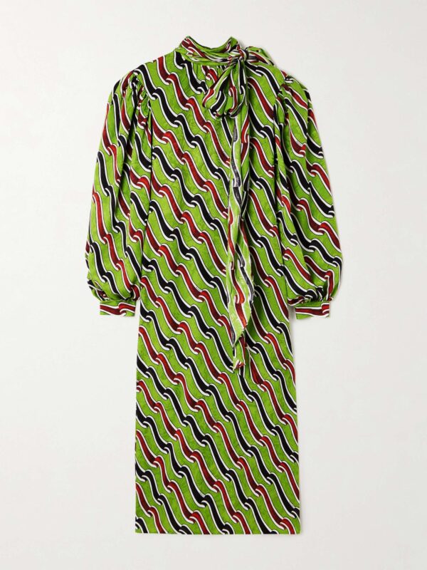 Tie-detailed printed silk-jacquard midi dress