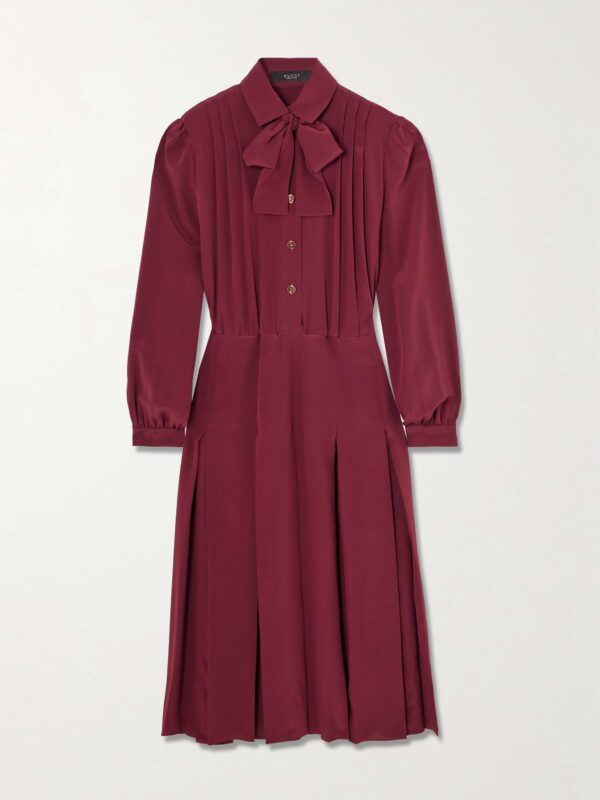 Pintucked bow-detailed silk crepe de chine midi shirt dress