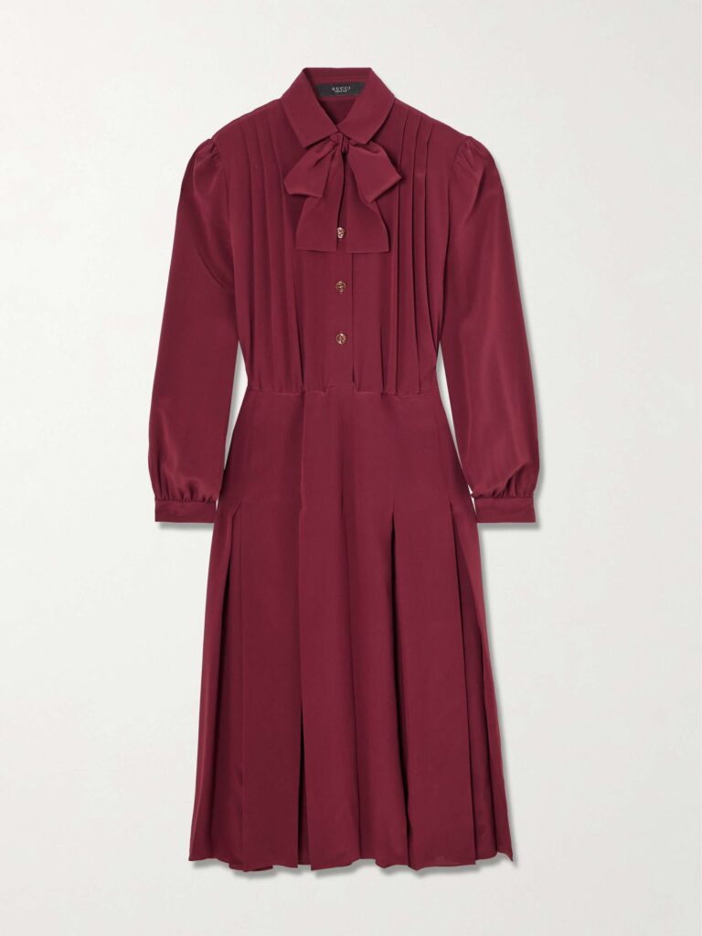 Pintucked bow-detailed silk crepe de chine midi shirt dress