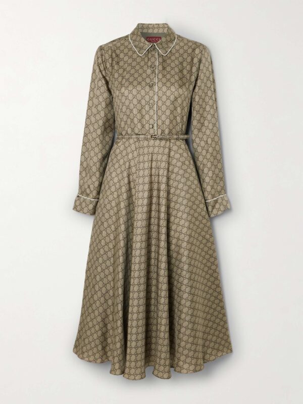 Belted piped printed silk-twill midi shirt dress