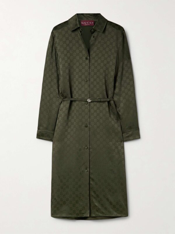 Belted satin-jacquard midi shirt dress