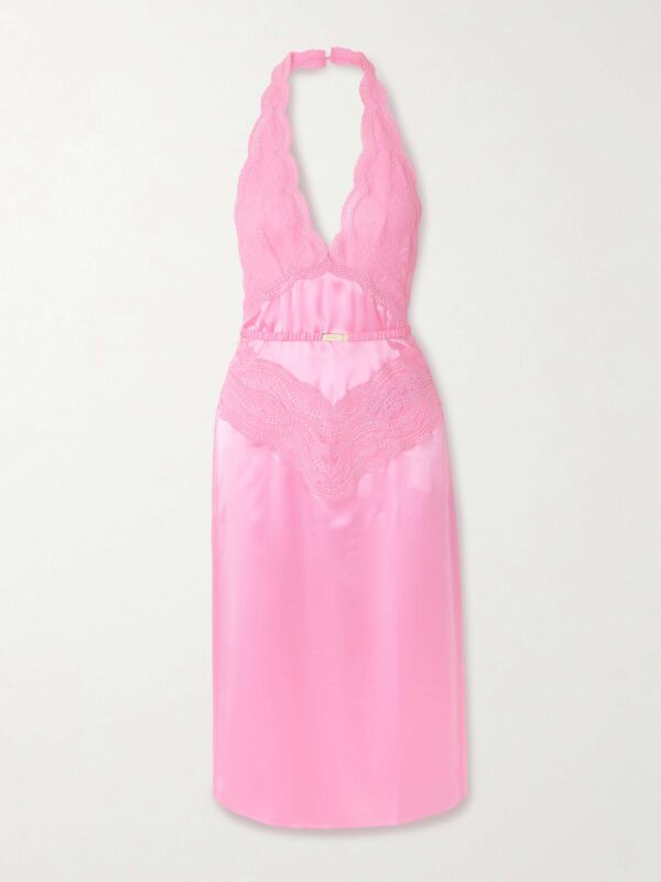 Belted silk-satin and lace halterneck midi dress