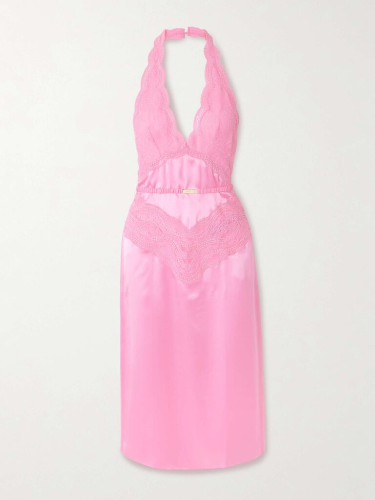 Belted silk-satin and lace halterneck midi dress