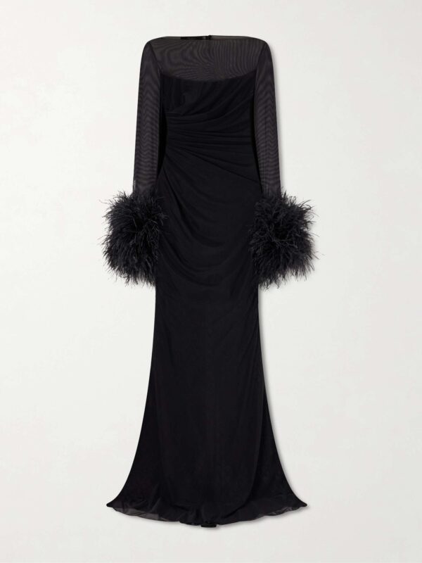 Layered lace and feather-trimmed crepe de chine maxi dress