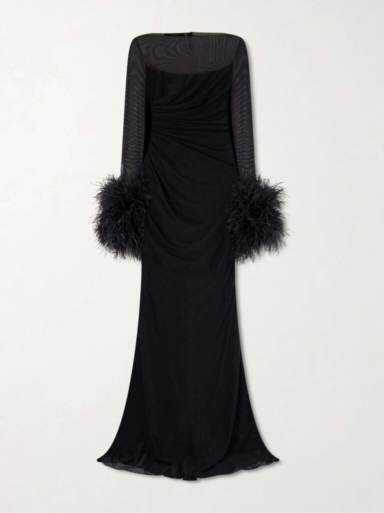 Layered lace and feather-trimmed crepe de chine maxi dress