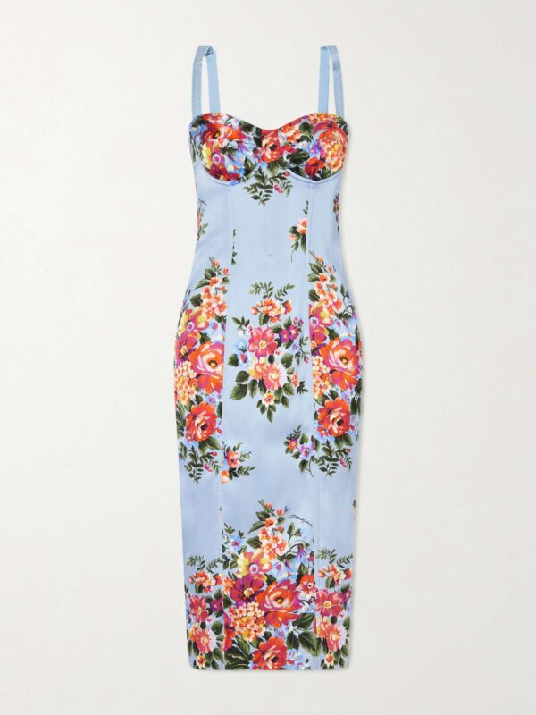 Floral-print satin bustier midi dress