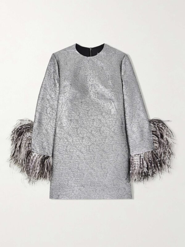 Feather-trimmed metallic jacquard mini dress