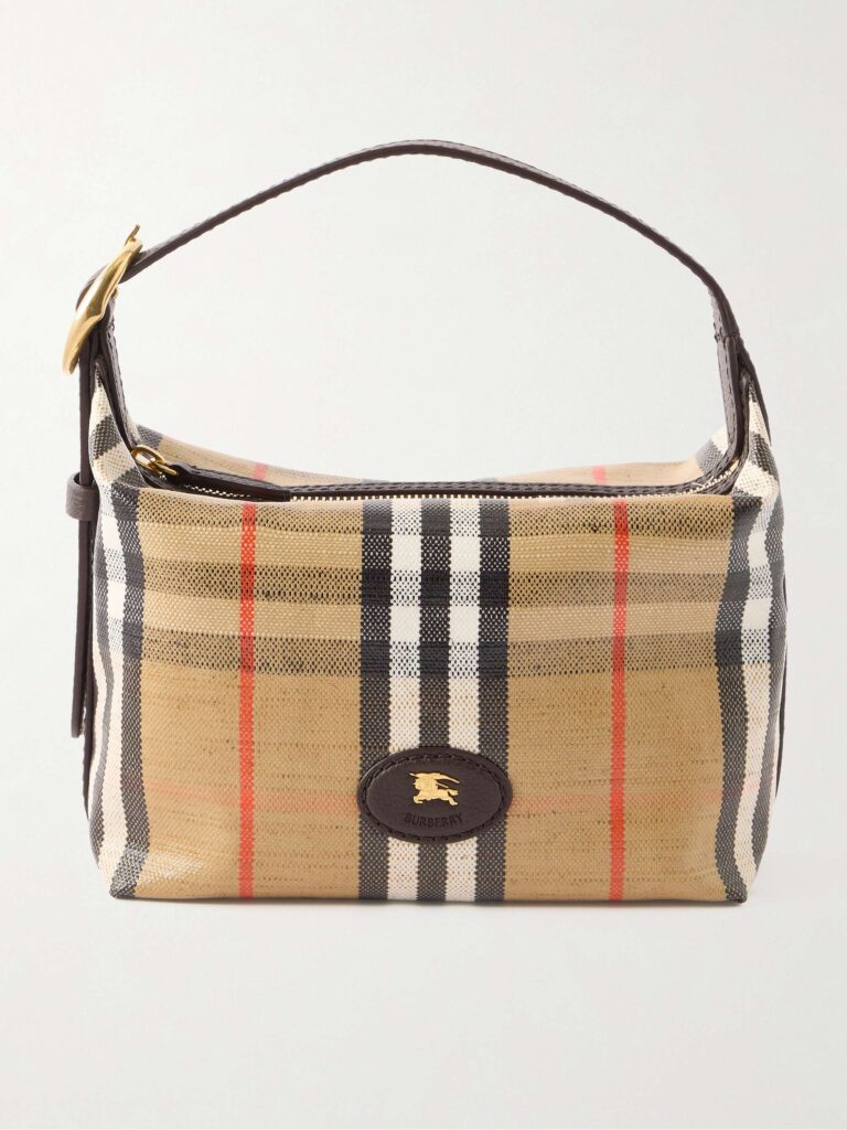 Leather-trimmed checked coated-canvas top handle bag