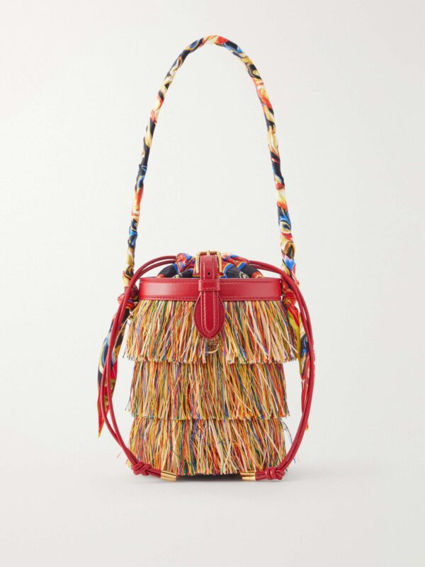 Capri fringed leather and twill-trimmed raffia bucket bag