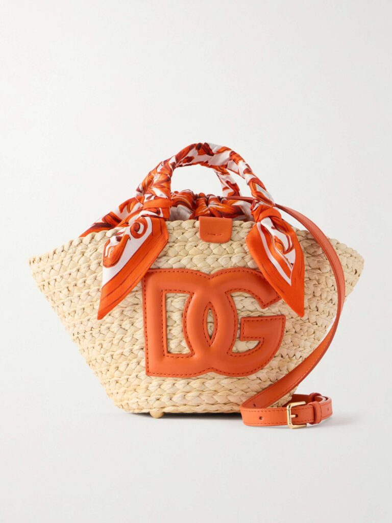Kendra logo-appliquéd leather-trimmed raffia bucket bag