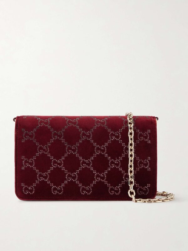 Crystal-embellished velvet and leather shoulder bag