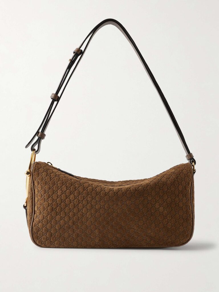 Horsebit 1955 leather-trimmed debossed suede shoulder bag