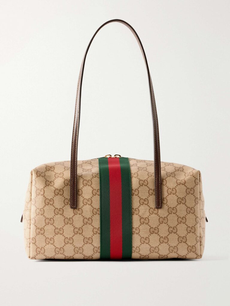 Boston leather-trimmed coated-canvas shoulder bag