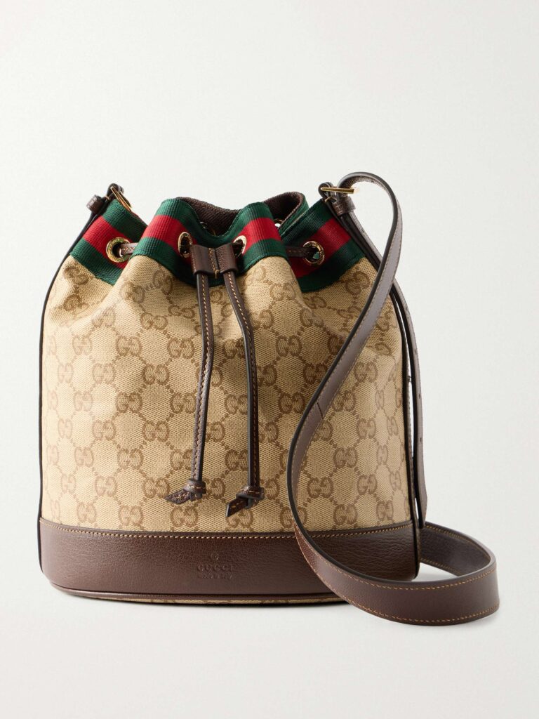Bucket small leather-trimmed printed coated-canvas shoulder bag