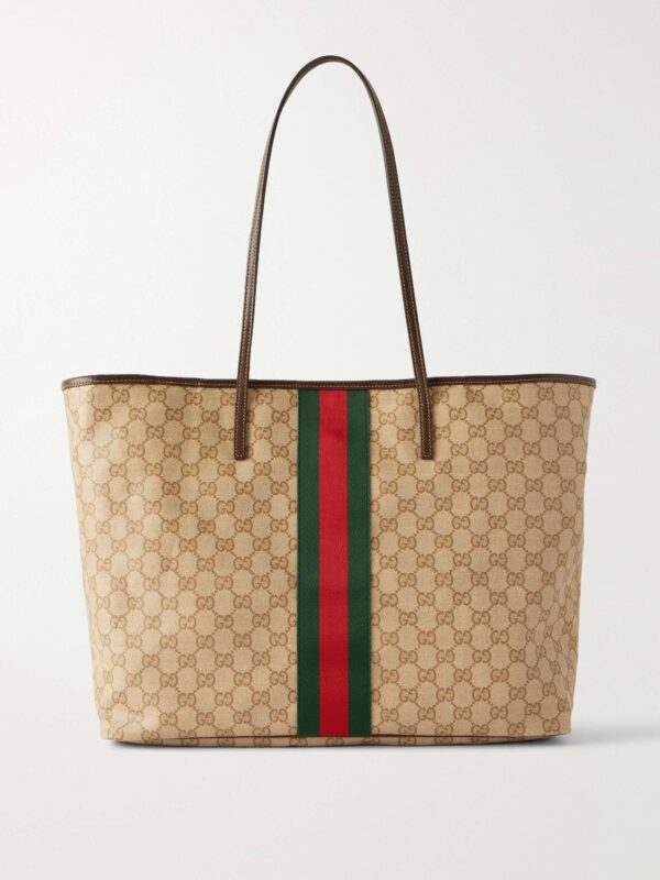 Leather-trimmed coated canvas-jacquard tote