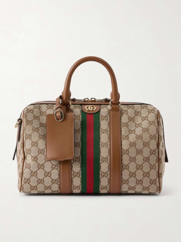 Ophidia webbing and leather-trimmed canvas-jacquard shoulder bag