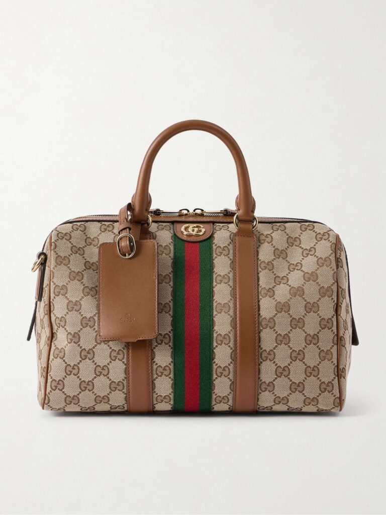 Ophidia webbing and leather-trimmed canvas-jacquard shoulder bag