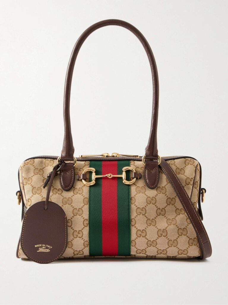 Borsetto medium leather and webbing-trimmed canvas-jacquard shoulder bag