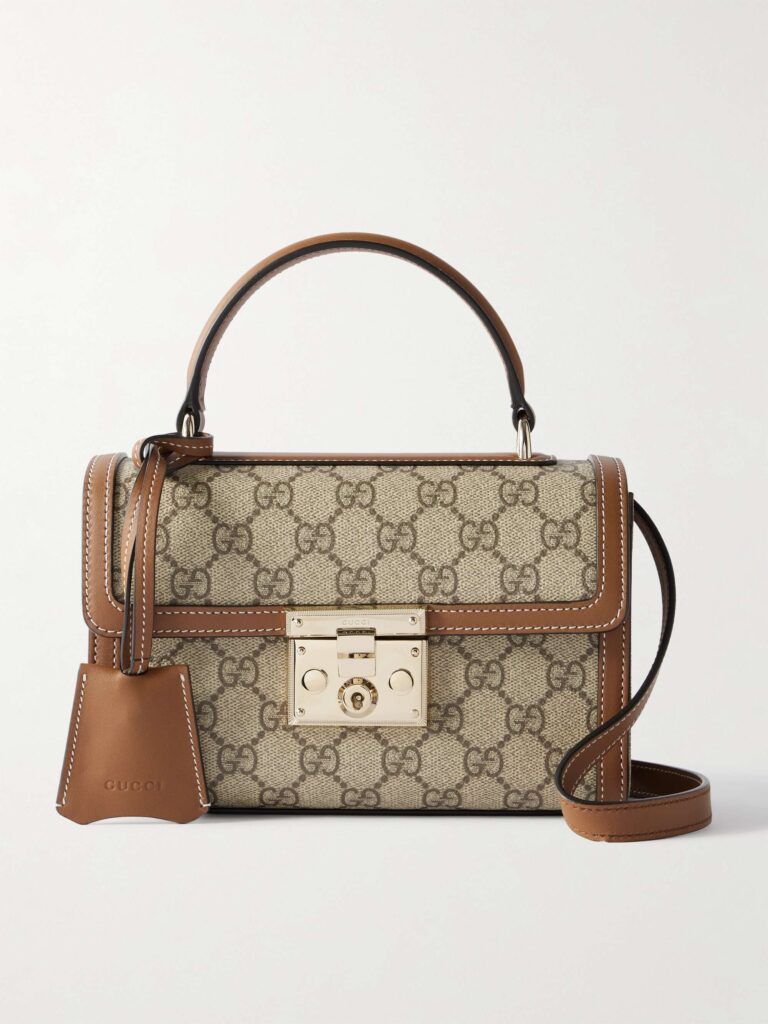 Padlock small leather-trimmed coated canvas-jacquard tote