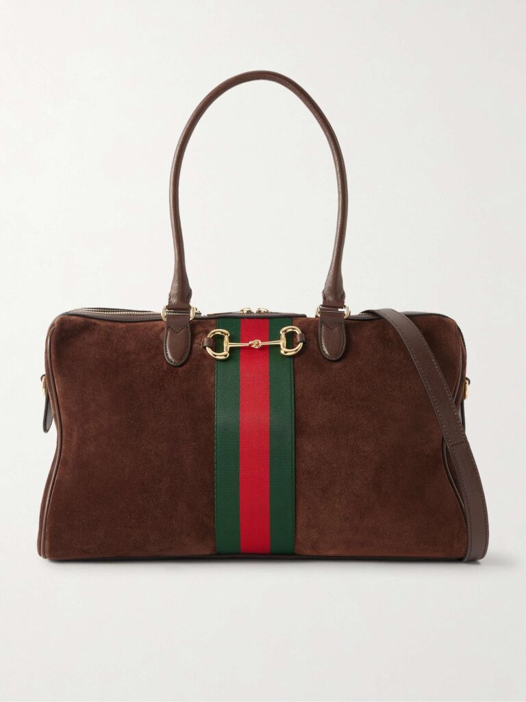 Borsetto medium embellished leather and webbing-trimmed suede shoulder bag