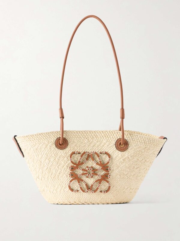 + Paula's Ibiza Anagram Basket leather-trimmed raffia shoulder bag