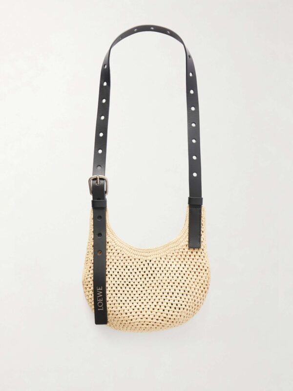 + Paula's Ibiza Punch Hole mini leather-trimmed raffia shoulder bag
