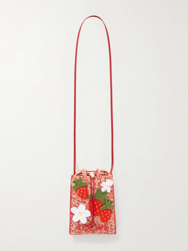 + Paula's Ibiza leather-trimmed embroidered woven raffia bucket bag