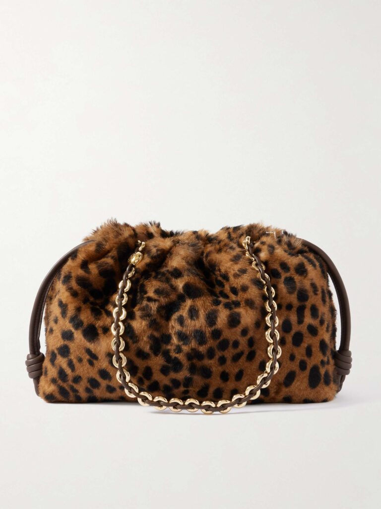 Flamenco medium leather-trimmed leopard-print shearling clutch