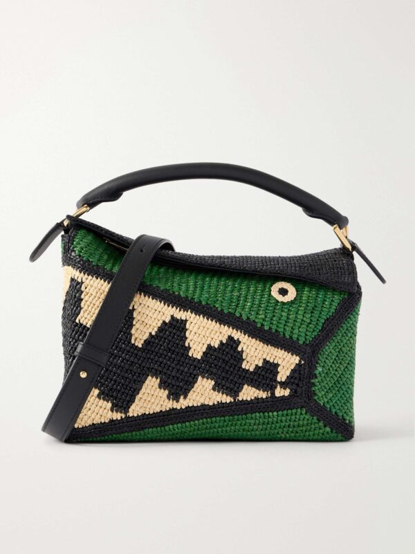 + Paula's Ibiza Puzzle Edge Crocodile leather-trimmed raffia shoulder bag