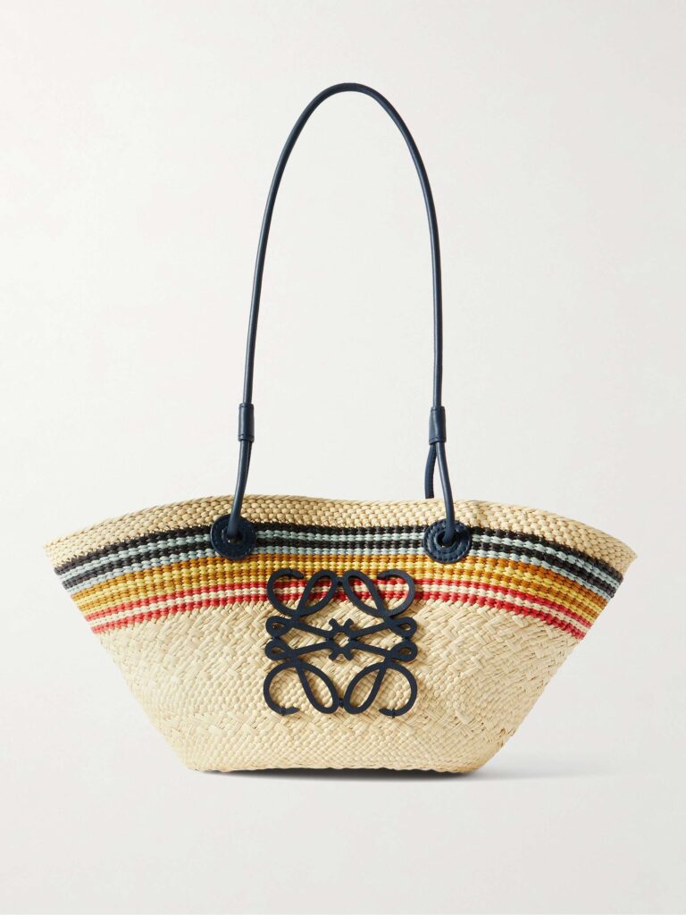 + Paula's Ibiza Anagram Basket small leather-trimmed striped raffia tote