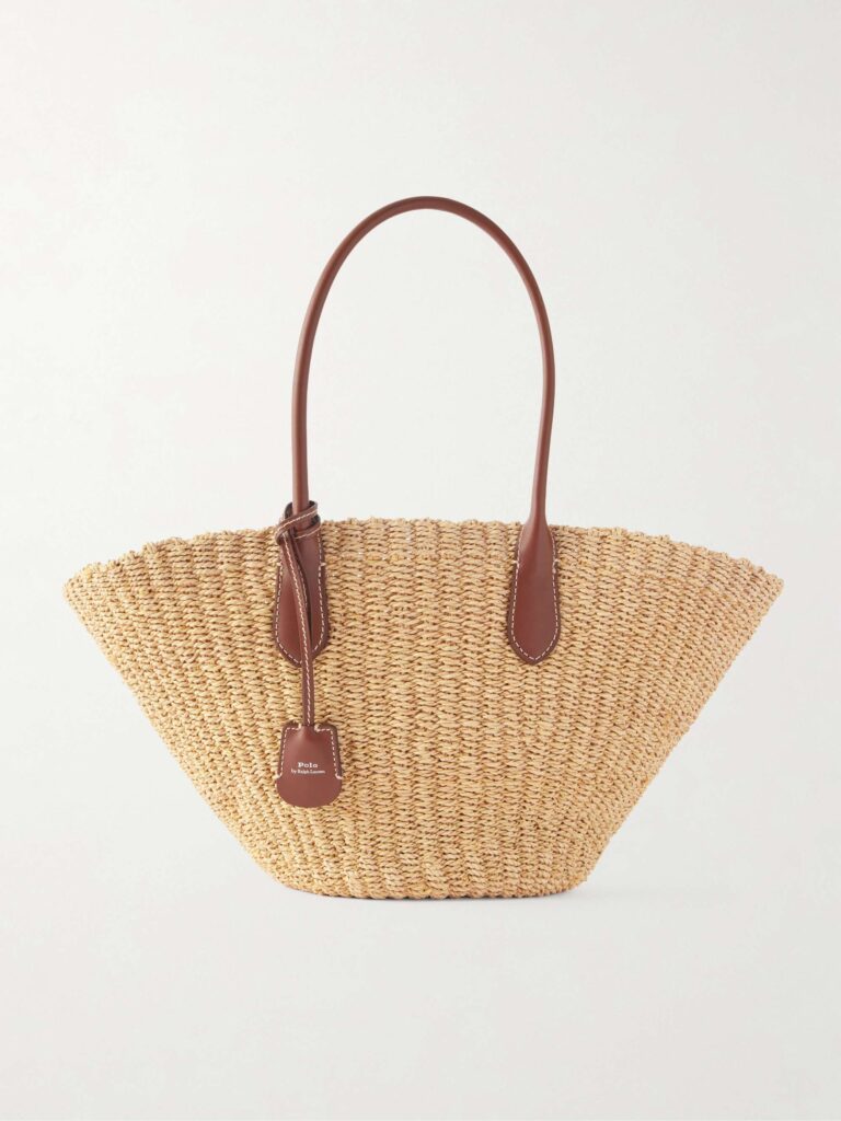 Bellport medium leather-trimmed raffia tote
