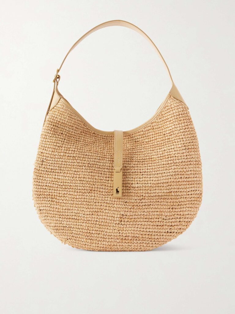Polo ID medium leather-trimmed raffia shoulder bag